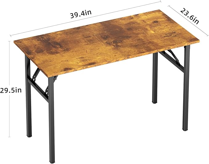 DlandHome 39.4 Inch Small Folding Computer Desk for Home Office, Retro | Foldable Writing Table for Small Spaces Bedroom, No Assembly Required, Wood Top Metal Frame, Collapsible Compact Easy Storage - Image 3