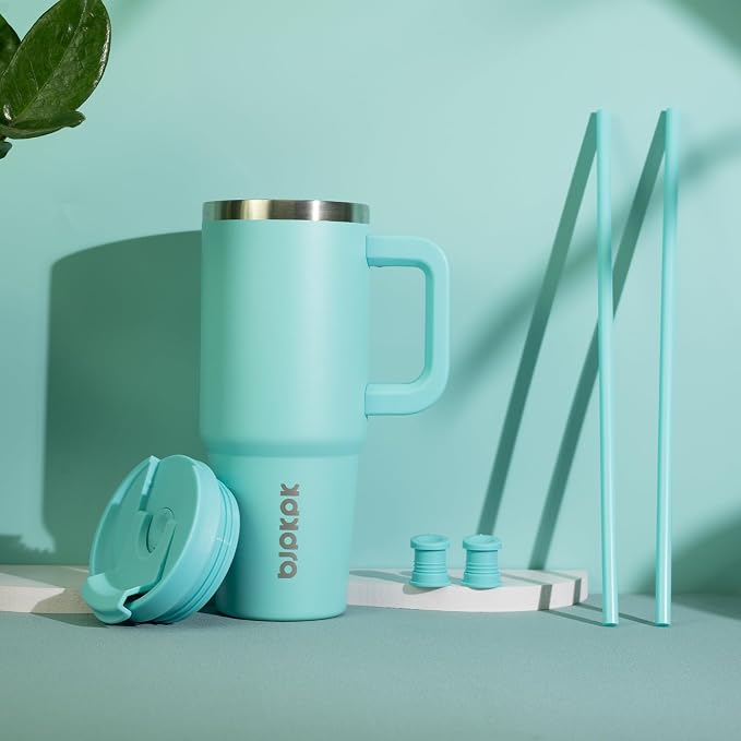 BJPKPK 30 oz Insulated Tumbler with Handle & Straw, Stainless Steel | Double Wall Vacuum Insulation, Leak Proof, BPA Free, Dishwasher Safe, Cupholder Friendly, Travel & Outdoor, Turquoise - Image 5