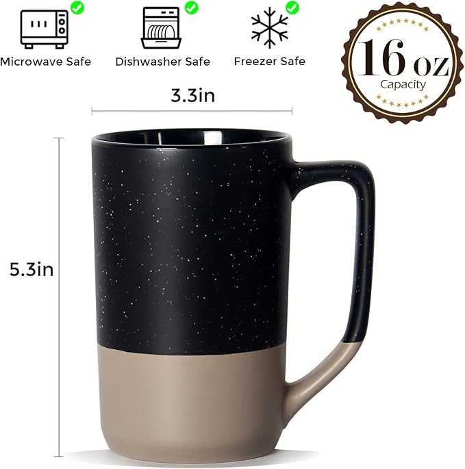 16 OZ Large Coffee Mug, Two Color Combination Big Ceramic Tea Cup with Square Handle with White Speckled for Men Women Restaurant Home Office Hot Drinks, Black - Image 2