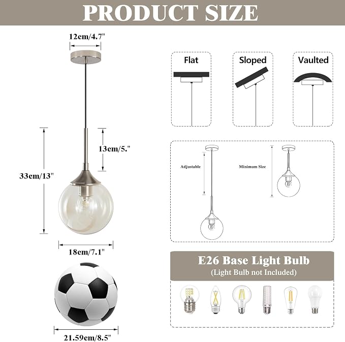 KCO Lighting 7.1" Amber Glass Pendant Light Brushed Nickel Pendant Lighting Modern Globe Pendant Light Mid Century Hanging Light Small Pendant Lights for Kitchen - Image 2