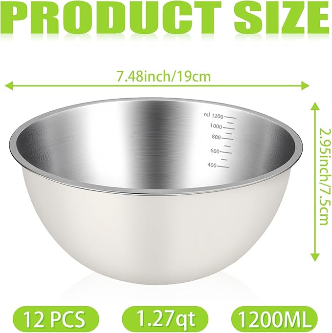 12 Pcs Stainless Steel Mixing Bowls Nesting Metal Prep Salad Bowls with Scale Reusable Baking Cooking Food Soup Storage Organizers for Kitchen Refrigerator(1.3QT)