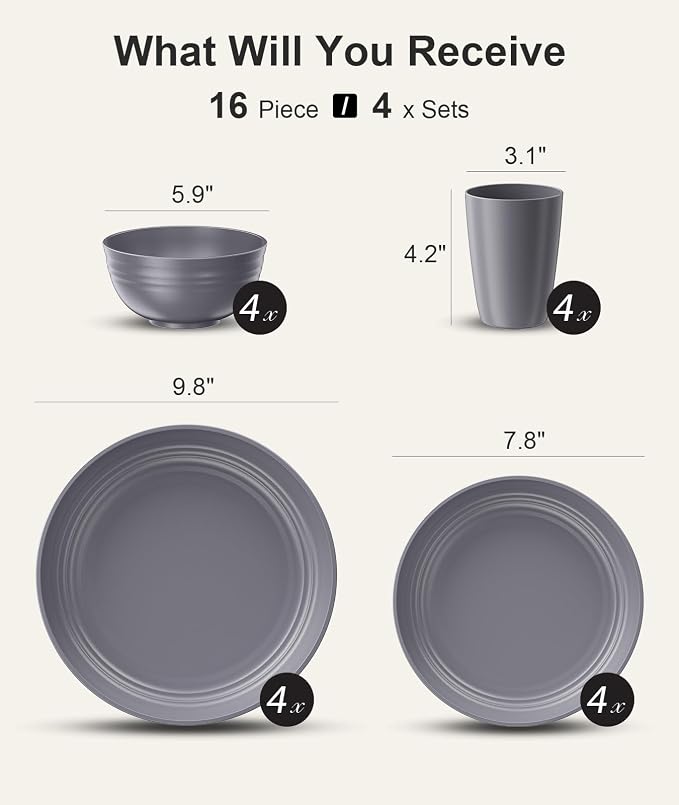 Quatish 16 Piece Plates and Bowls Sets for 4, Unbreakable Dinnerware Sets, Plastic Dish Set for Camping, Dishwasher Microwave Safe, Outdoor Kitchen and Apartment Dorm Dinning RV Essentials, Grey - Image 2