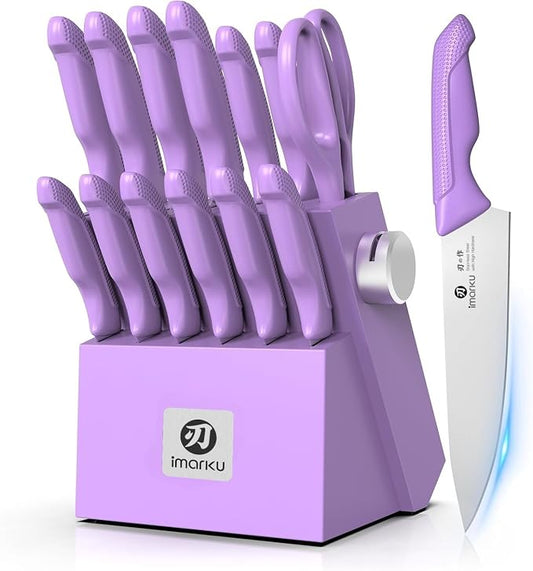 imarku® Kitchen Knife Set, Sharp Knives Set with Built-in Sharpener, Stainless Steel Block Knife Set and Non-Slip Ergonomic Handle, Dishwasher Safe, 14 PCS Professional Knife Set for Gift, Lavender by imarku