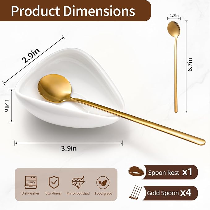 Coffee Bar Accessories: Espresso Accessories - Coffee Stirrers for Hot Cocoa Bar Supplies - Set of 4 Gold Decor Coffee Spoons with 1 Ceramic Spoon Rest - Ideal CoffeeLover Gifts - Image 2