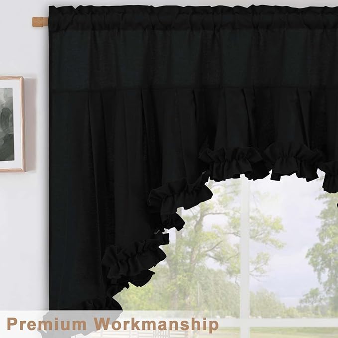 Likiyol Linen Swag Valances for Windows Farmhouse Ruffle Valance Rustic Country Window Valances Light Filtering Kitchen Curtains Rod Pocket Valance Curtains for Bathroom Cafe, Black, 60" W x 36" L - Image 7