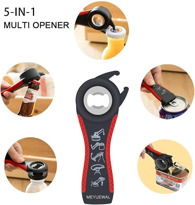6 in 1 Lid Opener - Bottle, Jar, & Can Opener for Seniors with Arthritis or Weak Hands - Heavy Duty & Smooth Edge, Red - Image 4