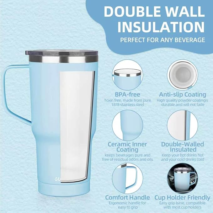 20 oz Insulated Coffee Mug with Ceramic Coating, Stainless Steel Travel Mug Tumbler with Handle Lid and Straw, Double Wall Leak-Proof Coffee Travel Mug Keeps Drink Hot and Cold (Sky Blue) - Image 3