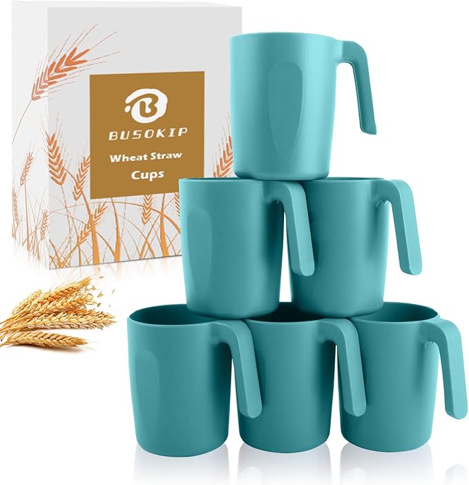 Coffee Mug 16 OZ, Wheat Straw Coffee Mugs Set of 6, Unbreakable Water Tumbler, Plastic Mugs with Handles, Microwave and Dishwasher Safe Camping Coffee Cups for RV, Outdoor Activities - Green by BUSOKIP