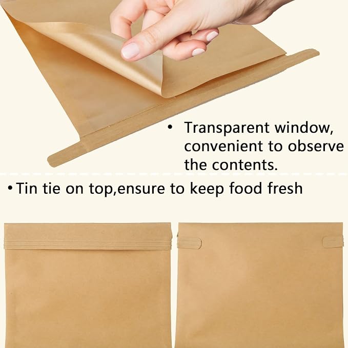 QTLCOHD 100 Pcs Cookie Packaging Bags 5.1×4.3×11 Inch Window Design | Brown Tin Tie Tab Lock Paper Bread & Bakery Bags for Homemade Pastry Loaf Snack Treat Packaging - Image 3