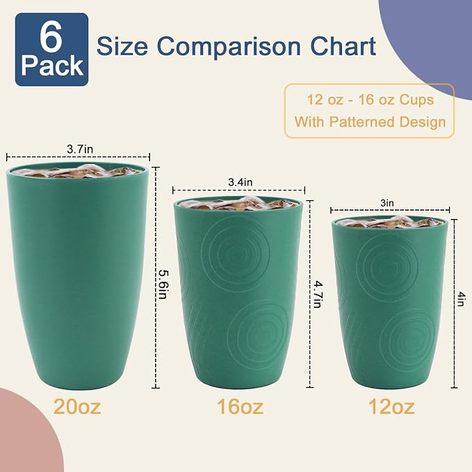 16 OZ Drinking Cups, Wheat Straw Cups Set of 6 - Reusable Water Cups, Unbreakable Plastic Drinking Glasses, Dishwasher Safe Tumbler Cups for Kitchen, Camping, RV -Green - Image 6