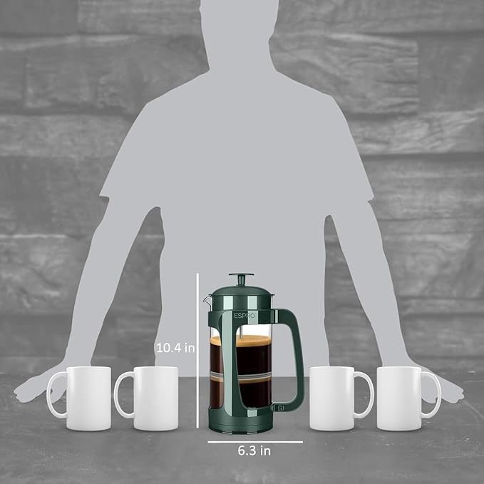 ESPRO P3 French Press Coffee Maker – Patented Double Micro-Filter for Grit-Free Brew, Heat Resistant thicker Borosilicate Glass Coffee press – Green (32 oz)