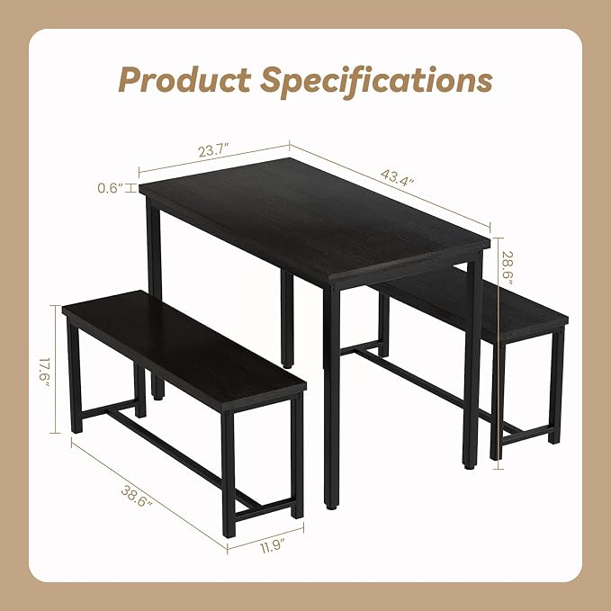 Recaceik Dining Table Set for 4 Kitchen Dining Room Set with 2 Dinner Benches, Farmhouse Breakfast Table for Apartment Small Space, Easy Assembly - Image 4