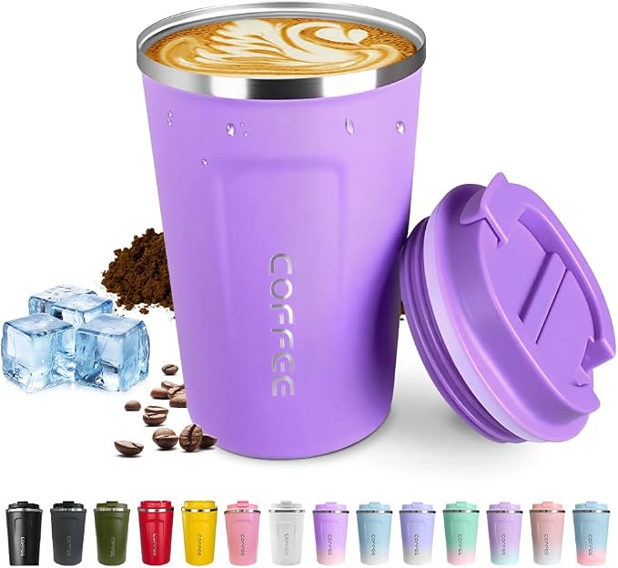 SPLMIFA Travel coffee mugs leak-proof, reusable coffee cup with lid, stainless steel vacuum insulated coffee tumblers, thermal insulation cups for men & women keep drinks hot & cold (2nd-Purple, 12OZ) by SPLMIFA