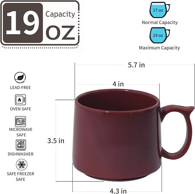 Coffee Mugs Gift Set of 4, Large 19 oz Stackable Ceramic Coffee Mug, Coffee Cups with Large Handle for Latte, Cappuccino, Milk, Tea, Dishwasher & Microwave Safe, Ideal Gift for Men, Women - Red - Image 2