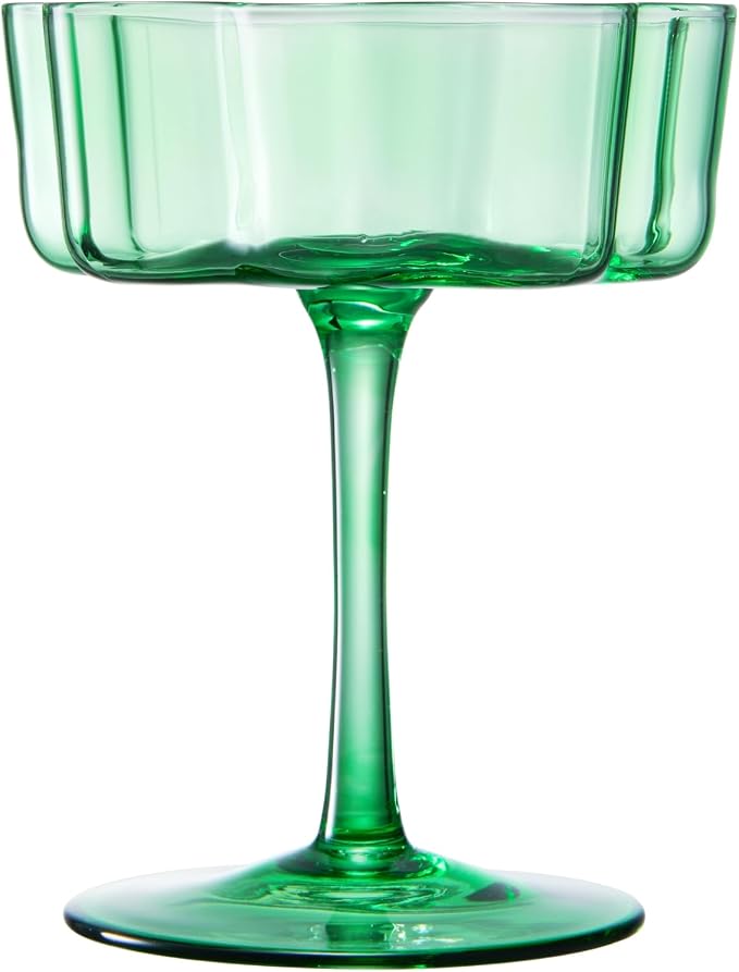 Flower Scalloped Vintage Wavy Petals Wave Glass Coupes 7oz Colorful Martini, Champagne & Cocktails, 2 Sage Green Set Amber Rippled Champagne Glasses, Elegant Bar Glassware, Aesthetic Coupe Glassware - Image 9