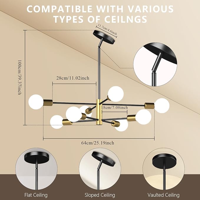 Modern Sputnik Chandelier, Ceiling Light Fixture Flush Mount 8-Light Black and Gold Chandeliers for Living Room Bedroom Dining Room Kitchen, Mid Century Chandeliers, E26 Base,(Bulbs Not Included) - Image 3