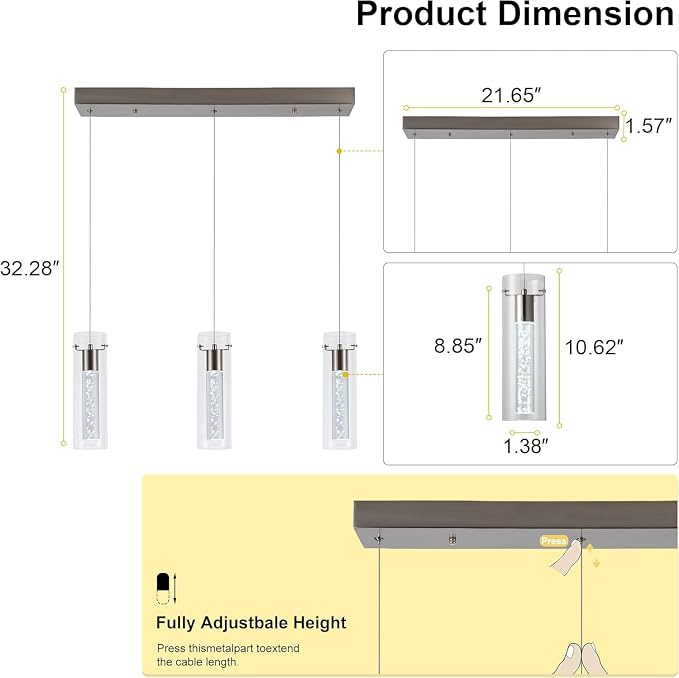 Pendant Lights Kitchen Island with Remote Control, Dimmable Brushed Nickel & Clear Cylinder, Adjustable Height Kitchen Pendant Lights, Island Lights for Kitchen, Modern Lighting Fixture - Image 3