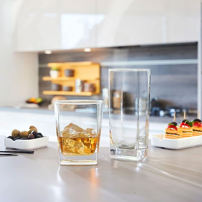 Le'raze Collins Everyday Drinking Glasses Set of 16 Drinkware Kitchen Glasses for Cocktail, Iced Coffee, Beer, Ice Tea, Wine, Whiskey, Water, 8 Tall Highball Glass Cups & 8 Short Old Fashioned. - Image 5