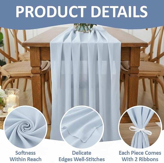 Pack of 15 | Dusty Blue | 10ft Chiffon Table Runner 29x120 Inches Long Romantic Rustic Sheer Gauze Runner for Wedding Bridal Shower Birthday Banquets Engagement Spring Easter Boho Decorations - Image 5