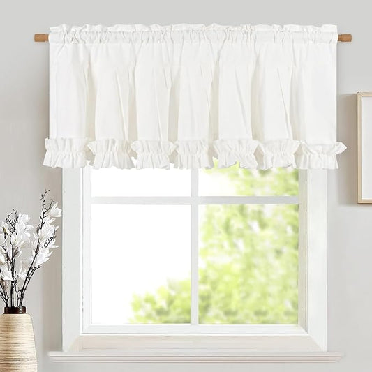 Likiyol Linen Valances for Windows Farmhouse Window Valances with Ruffle Rustic Country Light Filtering Kitchen Valance Curtains Rod Pocket Valance for Bathroom Cafe, White, 52" W X 18" L by Likiyol