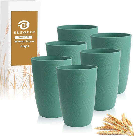 16 OZ Drinking Cups, Wheat Straw Cups Set of 6 - Reusable Water Cups, Unbreakable Plastic Drinking Glasses, Dishwasher Safe Tumbler Cups for Kitchen, Camping, RV -Green by BUSOKIP