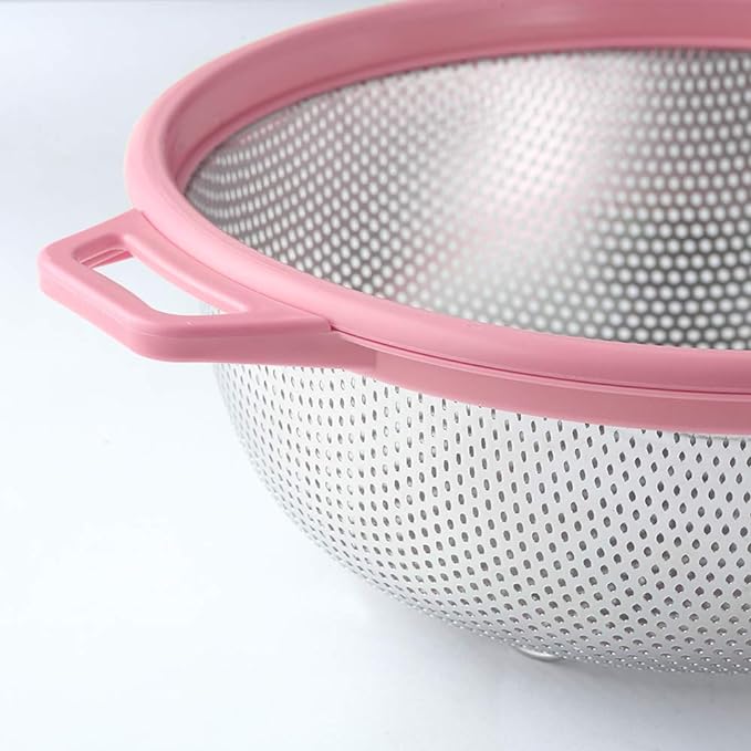 HiramWare Stainless Steel Colander With Handle and Legs, Large Metal Pink Strainer for Pasta, Spaghetti, Berry, Veggies, Fruits, Noodles, Salads, 5-quart 10.5” Kitchen Mesh Colander, Dishwasher Safe - Image 6
