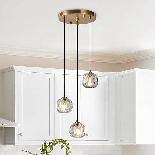 3 Light Pendant Light Fixtures, Crystal Pendant Lights Kitchen Island, Modern Hanging Lights Brushed Brass Cluster Pendant Lighting for Dining Room Bathroom by Cameena