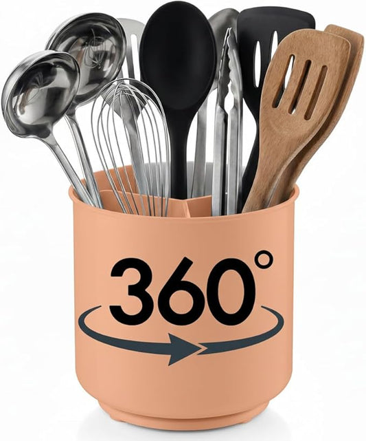 Cooler Kitchen Jumbo Rotating XL Peach Plastic Utensil Holder Caddy with Sturdy No-Tip Weighted Base, Removable Divider, and Gripped Insert - Dishwasher Safe Kitchen Utensil Holder for Countertop by CoolerKitchen