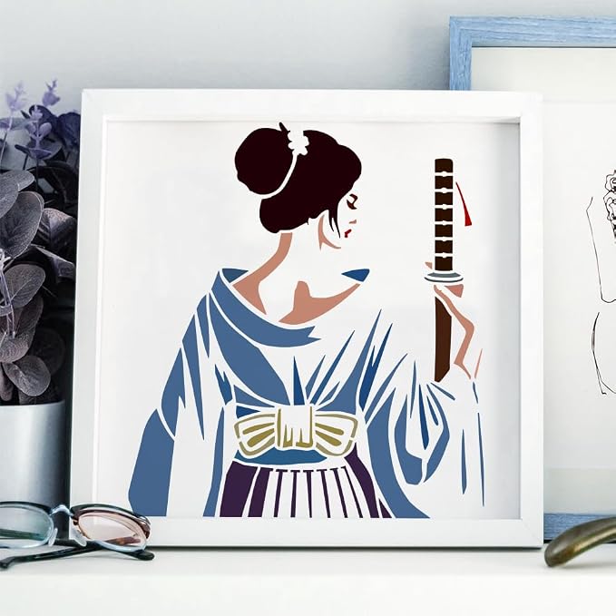 FINGERINSPIRE Eastern Samurai Woman Stencil with Paint Brush 11.8x11.8inch Reusable Swordswoman Drawing Template Female Samurai with Sword Pattern Stencil for Painting on Wood Wall Fabric Furniture - Image 4