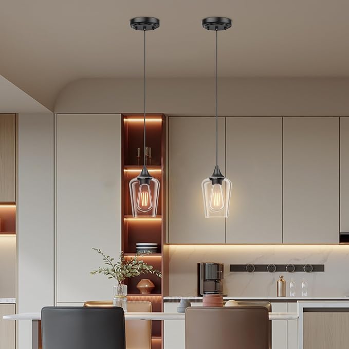 Ralbay Matte Black Industrial Pendant Light 2-Pack, Pendant Light Fixtures with Wine Clear Glass Shade, Adjustable Height for Kitchen Island, Farmhouse Dining Room Hanging Lighting Fixture - Image 4
