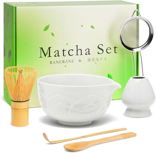 Matcha Whisk Set, Lotus White Ceramic Matcha Set Includes Matcha Bowl, Matcha Whisk (Chasen) and Holder, Sifter, Bamboo Scoop & Spoon - 6 Pcs Matcha Kit for Matcha Lovers