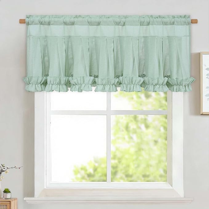 Likiyol Linen Valances for Windows Farmhouse Window Valances with Ruffle Rustic Country Light Filtering Kitchen Valance Curtains Rod Pocket Valance for Bathroom Cafe, Mint Green, 52" W X 18" L by Likiyol