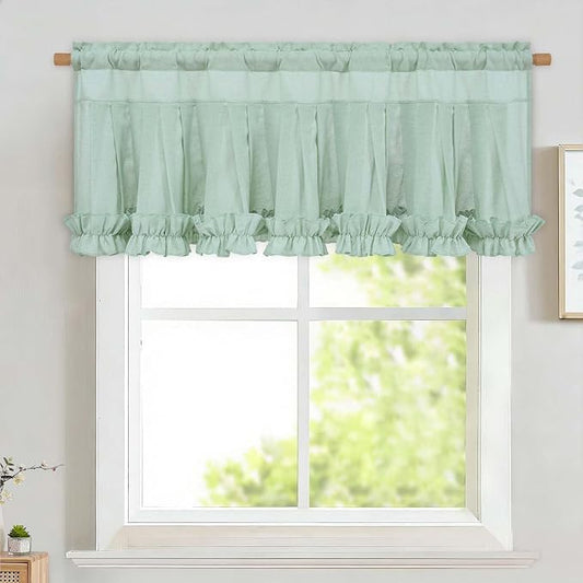 Likiyol Linen Valances for Windows Farmhouse Window Valances with Ruffle Rustic Country Light Filtering Kitchen Valance Curtains Rod Pocket Valance for Bathroom Cafe, Mint Green, 52" W X 18" L by Likiyol