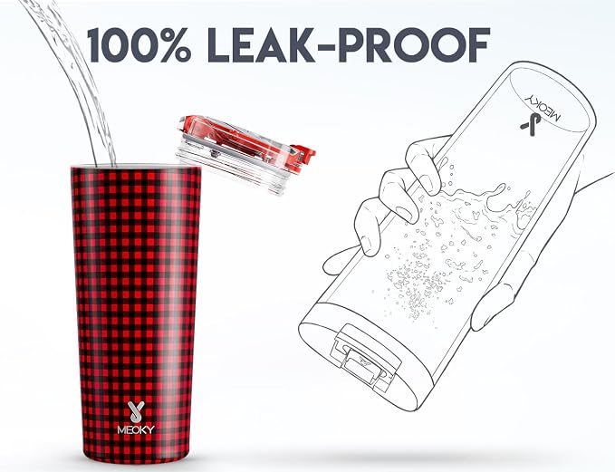 Meoky 24 oz Insulated Travel Coffee Mug: Leak Proof Lid, Crimson Plaid | Stainless Steel Coffee Tumbler, Keeps Hot for 8 Hours or Cold for 24 Hours, Fits in Car Cup Holder, BPA Free - Image 5