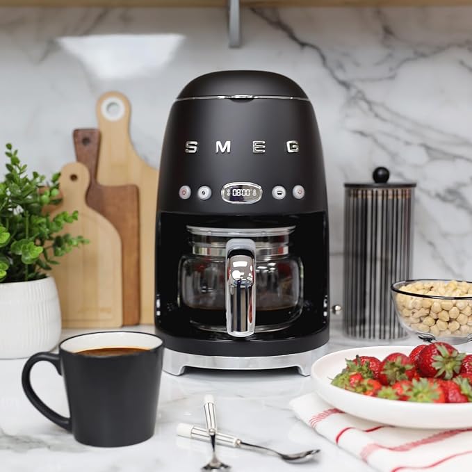 Smeg 50's Retro Style Aesthetic Drip Coffee Machine with 10 Cup Glass Carafe, Auto Start Feature, Keep Warm Plate, and Two Coffee Strength Settings (Matte Black) - Image 2
