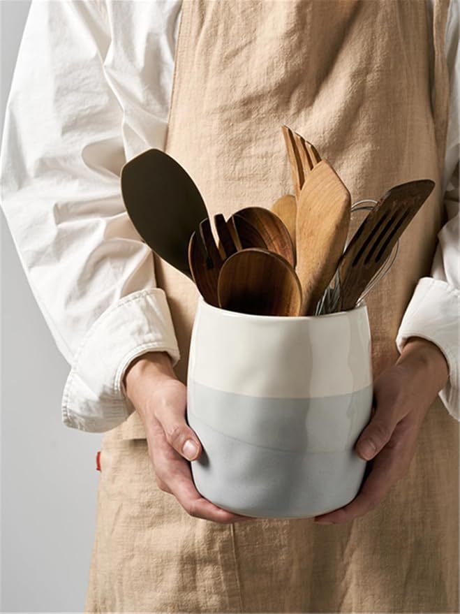 DOWAN Utensil Holder, 6.5″ Large Utensil Holder for Kitchen Counter, Ceramic Utensil Crock with Table-Protection Cork Mat, Utensil Organizer Caddy for Tongs, Spoons - Image 6