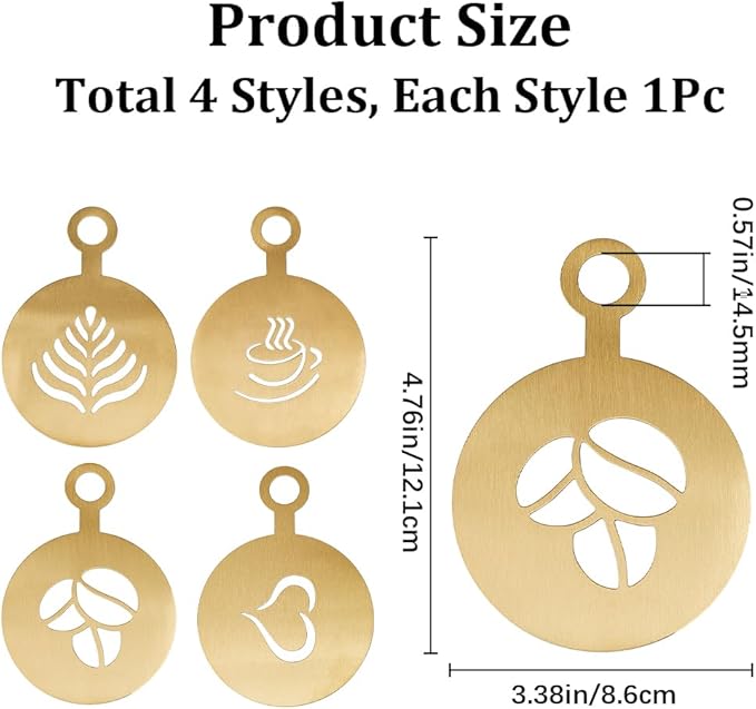 GORGECRAFT 4Pcs Coffee Cup Stencil Template Coffee Decorating Stencils Golden Coffee Latte Art Flat Round with Leaf Heart Cup Pattern Cappuccino Art Templates for Cup Cake Birthday Cake Coffee