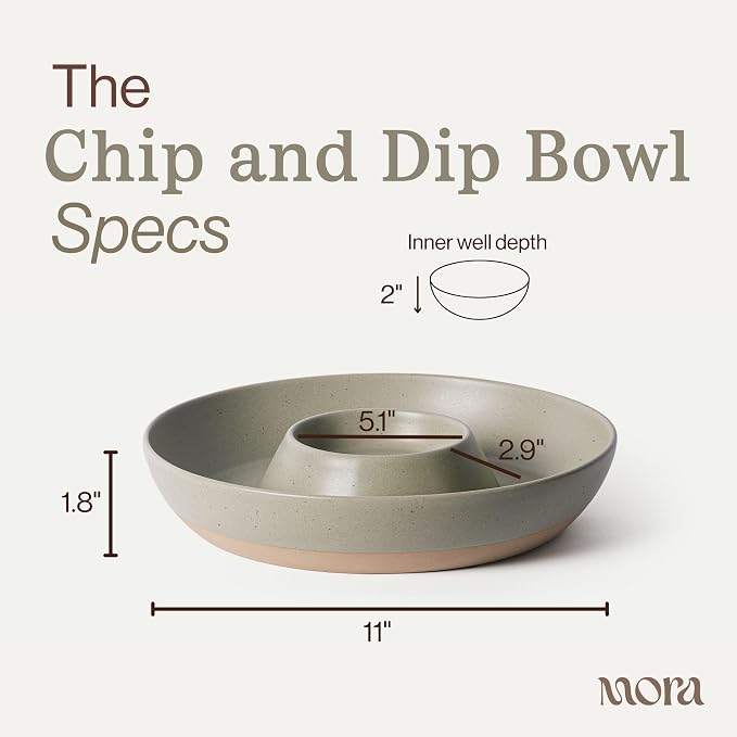 MORA Ceramic Chips and Dip Serving Tray: Large Divided Party Bowl Set for Chips & Salsa, Veggies & Dip, Fruit, Snacks, Entertaining, Hosting, etc. Minimalist Design for the Modern Hostess - Thyme - Image 2