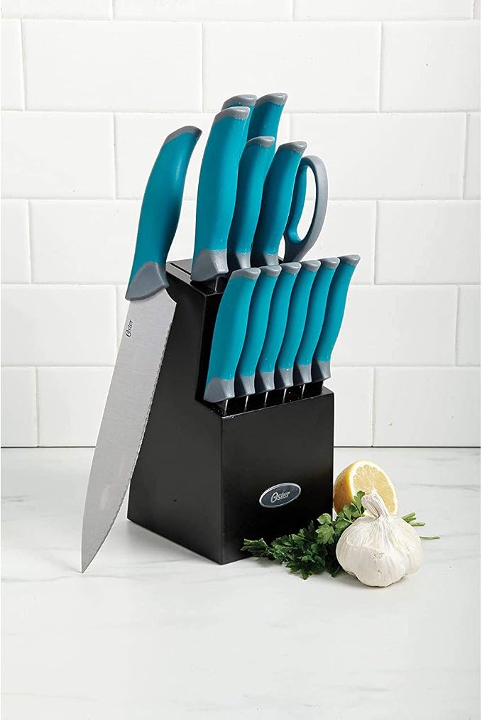 Oster 81007.14 Lindbergh 14 Piece Stainless Steel Cutlery Set Black Block With Sharpener, Teal Handle Kitchen Knives Set,Teal/Black - Image 4