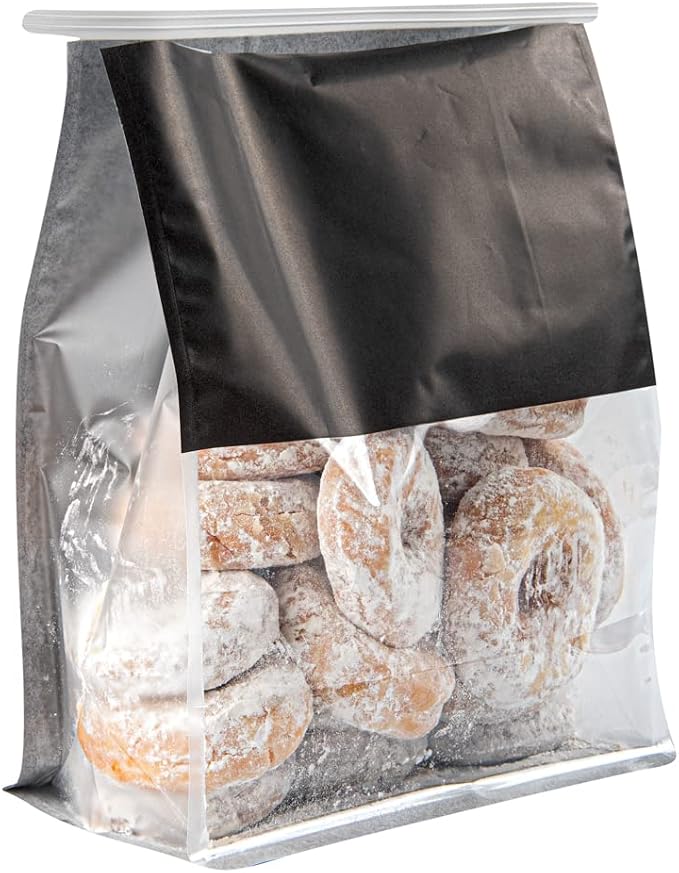 Restaurantware-Bag Tek 8.6 x 4.5 x 10.6 Inch Tin Tie Bags With Windows, 100 Resealable Bakery Bags With Windows - Flat Bottom, For Cookies or Coffee Beans, Black Cotton Paper Tin Tie Bags - Image 9