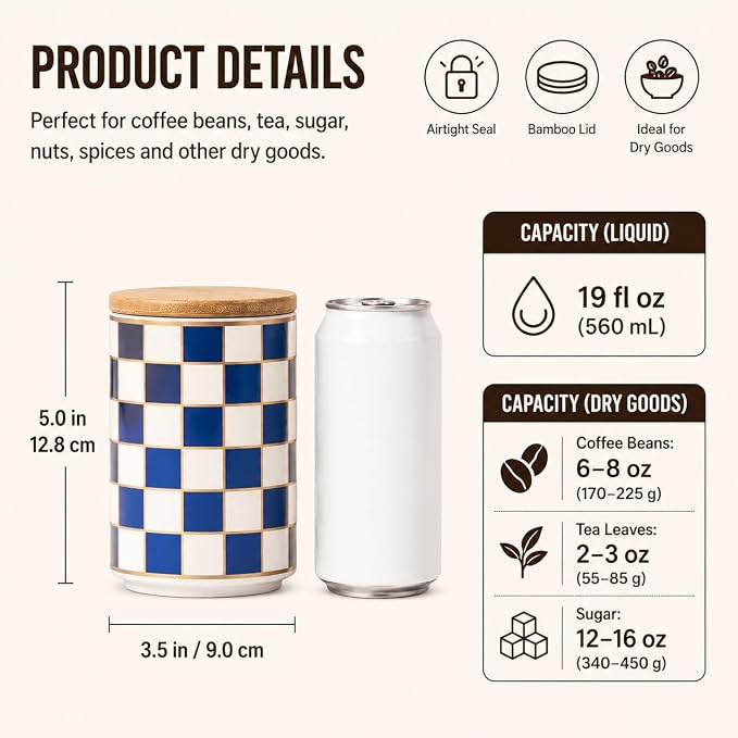 Kitchen Countertop Ceramic Checkered Canisters,Black And White Food Storage Containers With Lid,Airtight Kitchen Canisters for Flour, Sugar, Coffee, Tea, and Dry Goods (Blue, Small) - Image 2