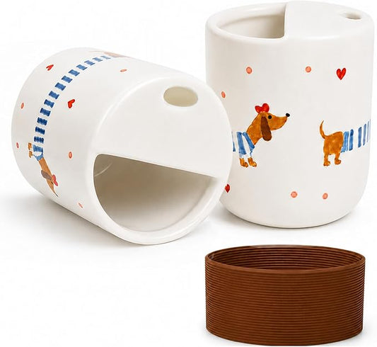 Ceramic Travel Coffee Mug 12 OZ, Cute Dachshund Pattern Coffee Cup, Handmade Style Ceramic Coffee Mug with Sip Hole for Women Men, Office Home Kitchen Gift by KOIMYSA
