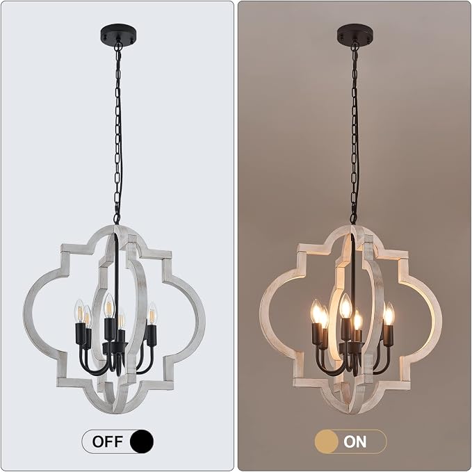 6-Light 21" Farmhouse Orb Chandelier Rustic Handmade Distressed White Wood Hanging Ceiling Pendant Light Fixture Wood Lantern Chandeliers for Dining Room Kitchen Bedroom Foyer Hallway - Image 7