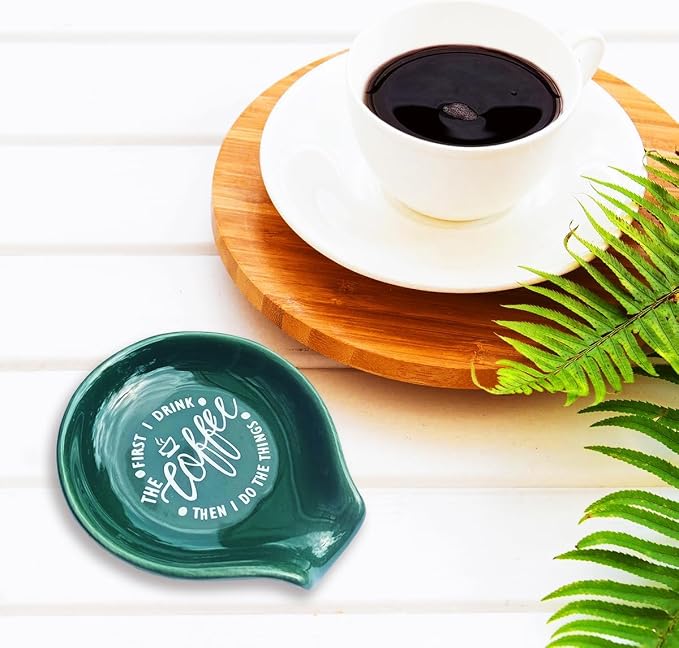 Littlefa Coffee Spoon Rest Holder-Coffee Bar Accessories-Blackish Green | Funny Ceramic Coffee Spoon Rest for Coffee Bar Accessories Essentials, Coffee Lovers Gifts, But First I Drink Sign - Image 4