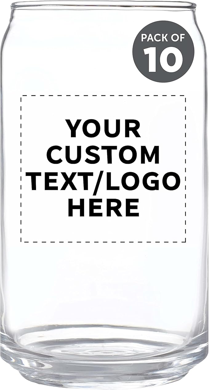 Custom Beer Can Glasses Set of 10, 16 oz. Pint Sized, Promotional Text, Logo, Soda Can Shape, Glassware, Clear