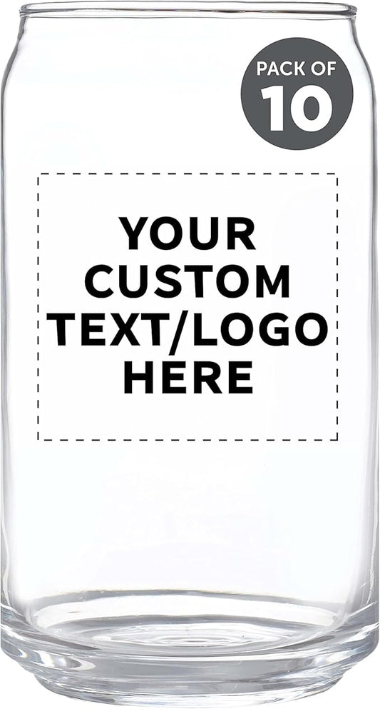 Custom Beer Can Glasses Set of 10, 16 oz. Pint Sized, Promotional Text, Logo, Soda Can Shape, Glassware, Clear