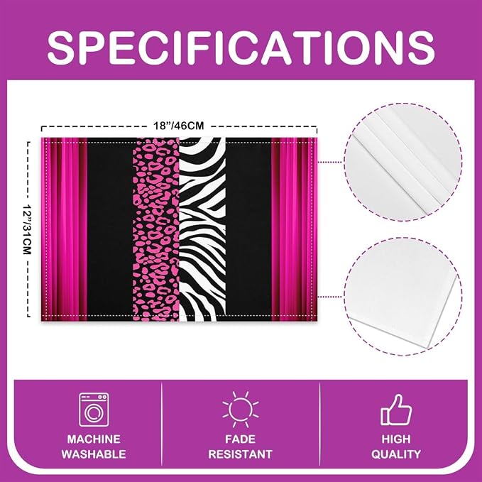 Feelyou Kids Leopard Zebra Placemats Set of 4 18"x12" Ombre Hot Pink Black Table Place Mats, Set for Decor Cheetah Placemat for Kitchen Dining Table Decor Indoor Outdoor Animal Print - Image 4
