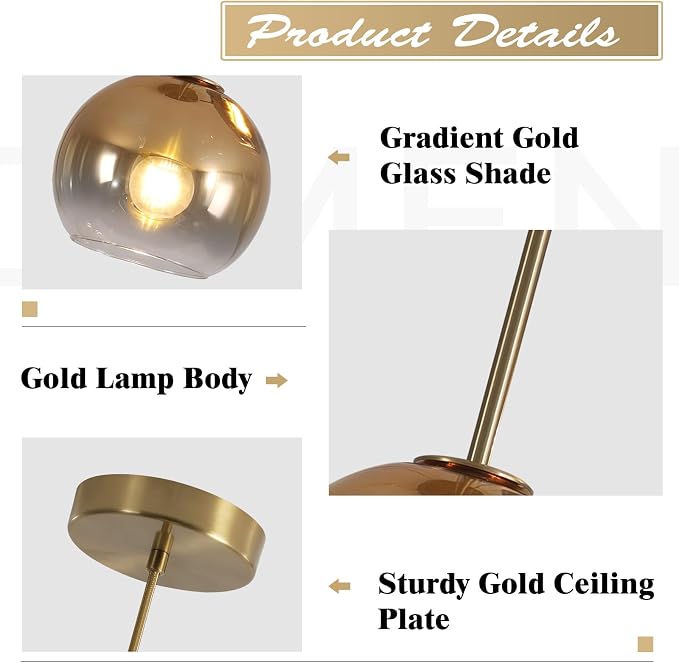 KCO Lighting Glass Globe Hanging Light Fixture Modern Gold Pendant Lights Kitchen Island Mid Century Dining Room Hanging Light Fixtures Over Table Single Pendant Light - Image 3