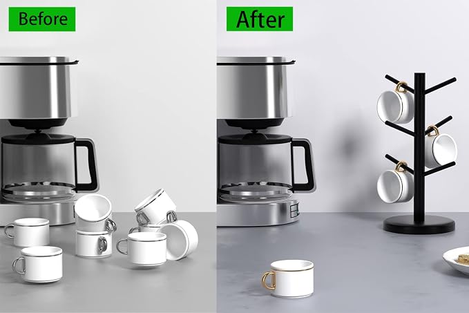 Dorhors Mug Holder Tree,Coffee Cup Holder,Mug Rack Stand Hook,Bar Organizer | Black Wood Coffee Station Accessories 6 Hook,Coffee Shelf Decor for Kitchen Countertop,Counter Storage Display Mug,Cup - Image 2