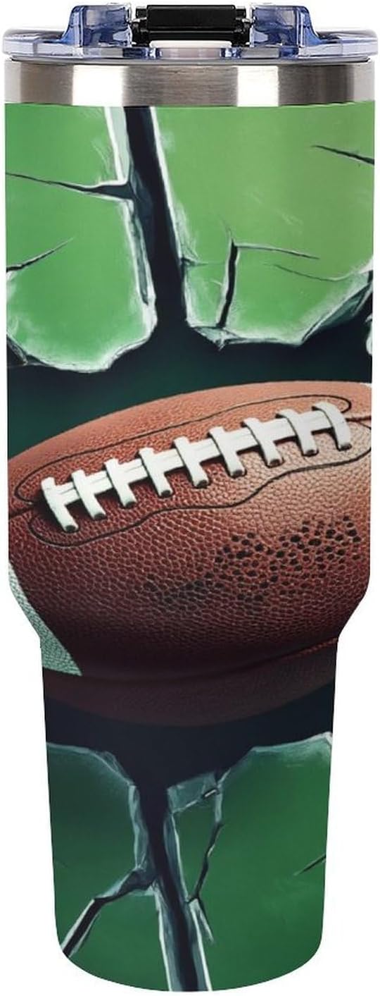 Football Impact on Cracked Glass Tumbler with Handle Insulated Water Travel Coffee Mug Bottle with Lid And Straw Stainless Steel Leak Proof Vacuum Insulated Cup 40 OZ